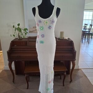 Beach Riot White Crochet Maxi Dress with Floral Accents